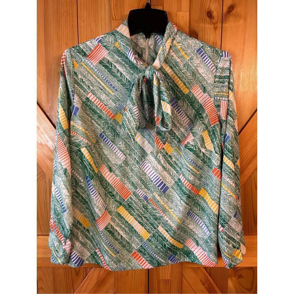 Vintage 1980s bow blouse multi-color geometric lightweight polyester size large